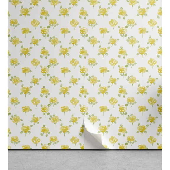 Ambesonne Flower Peel & Stick Wallpaper for Home, Blooming Rose Branches, 13"x100", Yellow and Pale Green