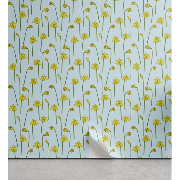 Ambesonne Flower Peel & Stick Wallpaper for Home, Cartoonish Daffodils, 13"x36", Pale Blue Mustard