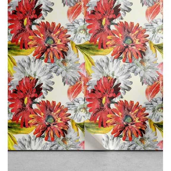 Ambesonne Flower Peel & Stick Wallpaper for Home, Floral Art Ornament Gerbera, 13"x72", Dark Salmon Grey and Mustard