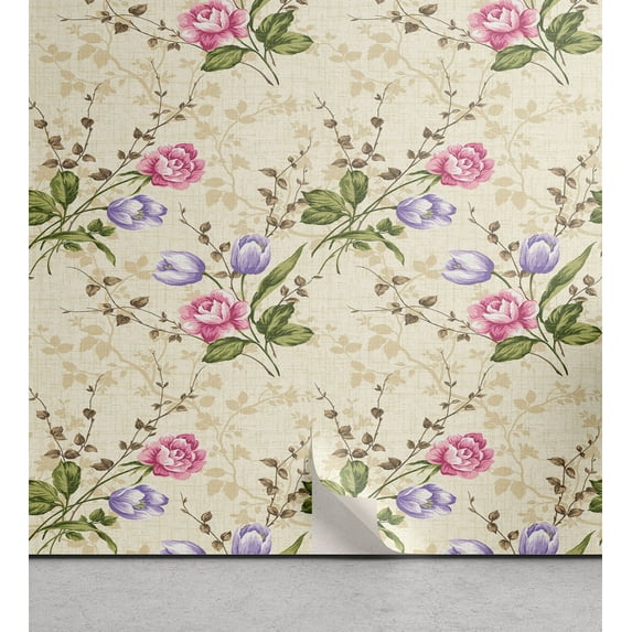 Ambesonne Flower Peel & Stick Wallpaper for Home, Garden Vintage Floral Print, 13"x36", Pale Camel Pale Pink
