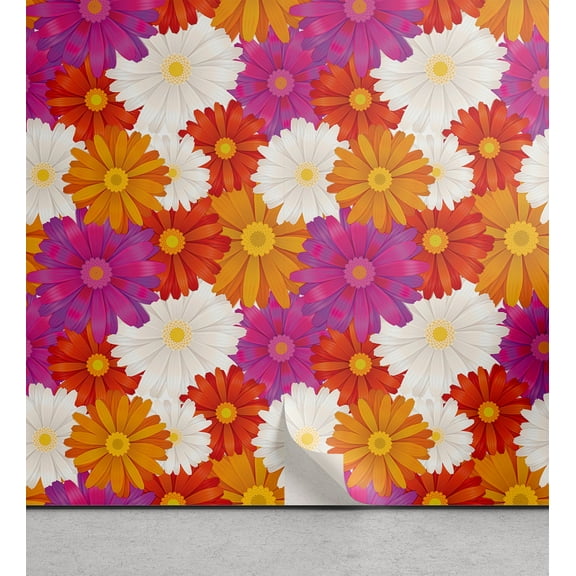 Ambesonne Flower Peel & Stick Wallpaper for Home, Gerbera Petals Summer Floral, 13"x100", Purple Orange and Pearl