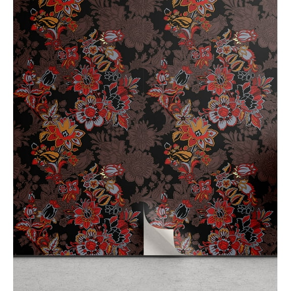 Ambesonne Flower Peel & Stick Wallpaper for Home, Japanese Vivid Florals, 13"x100", Black Orange Mustard