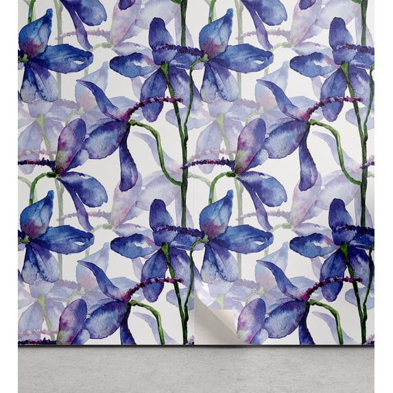 Ambesonne Flower Peel & Stick Wallpaper for Home, Watercolor Art Iris Flowers, 13"x72", Azure Blue Purple and White