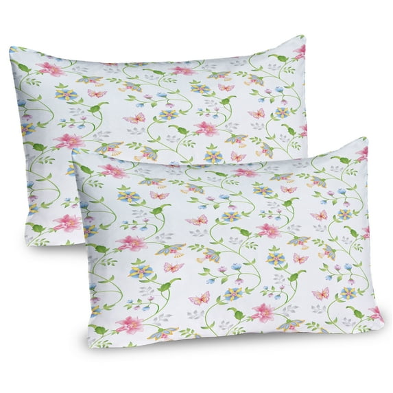 Ambesonne Flower Pillow Sham 2 Pack, Blossoms and Butterflies, 26"x20", Sky Blue Pink Green