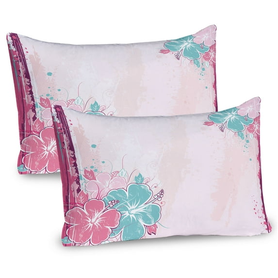 Ambesonne Flower Pillow Sham 2 Pack, Bouquet of Hibiscus Art, 36"x20", Turquoise Pale Pink
