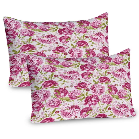 Ambesonne Flower Pillow Sham 2 Pack, Peonies and Leaf Floral, 36"x20", Pink White Olive Green