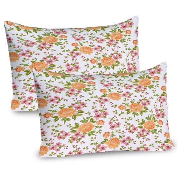 Ambesonne Flower Pillow Sham 2 Pack, Peony Poppy Bridal Theme, 36"x20", Pale Orange Green Rose