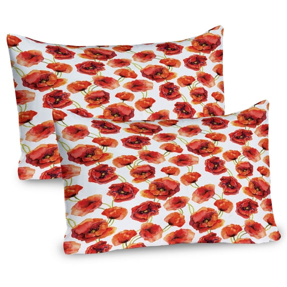 Ambesonne Flower Pillow Sham 2 Pack, Poppies Garden Floral, 26"x20", Scarlet White Red