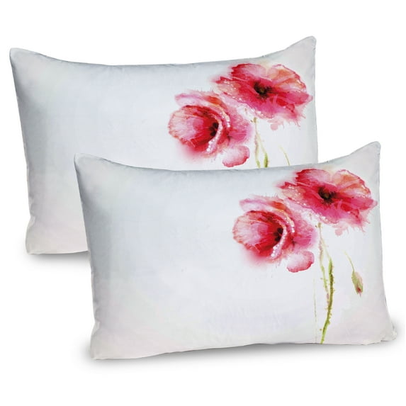 Ambesonne Flower Pillow Sham 2 Pack, Red Poppies Vivid Spring, 36"x20", Pale Green Hot Pink