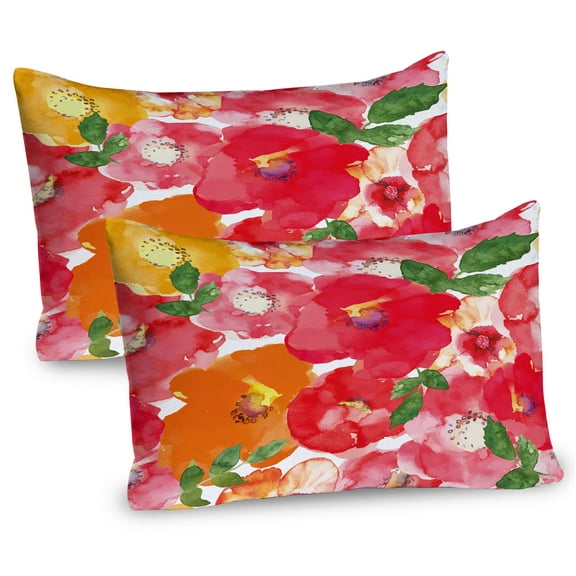 Ambesonne Flower Pillow Sham 2 Pack, Watercolor Style Floral, 26"x20", Red and Orange
