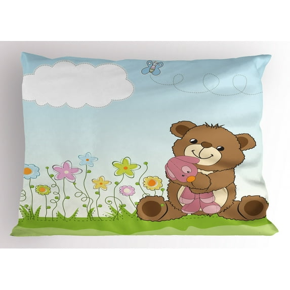 Ambesonne Flower Pillow Sham, Cartoon Teddy Bear and, 26" X 20", Multicolor