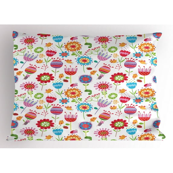 Ambesonne Flower Pillow Sham, Playful Garden Flowers, 26" X 20", Multicolor