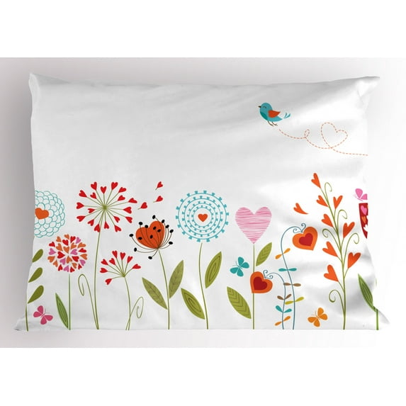 Ambesonne Flower Pillow Sham, Romantic Hearts Design, 36" X 20", Multicolor