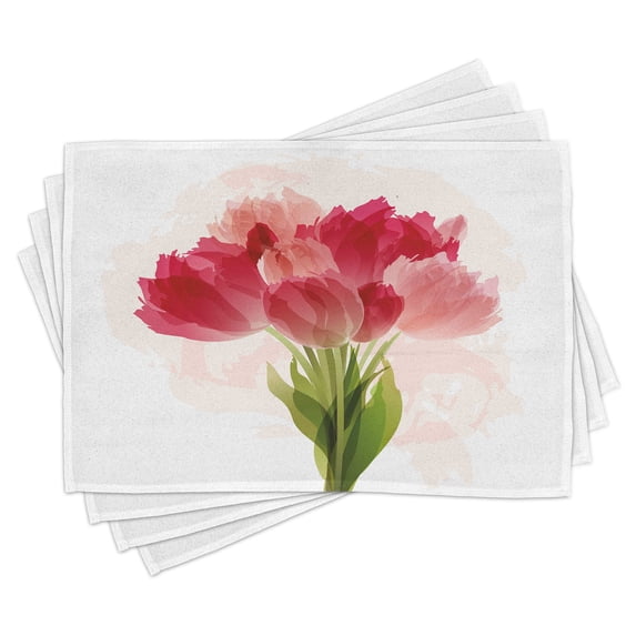 Ambesonne Flower Place Mats Set of 4, Watercolor Tulip Bouquet, Standard Size, Pink Coral Green