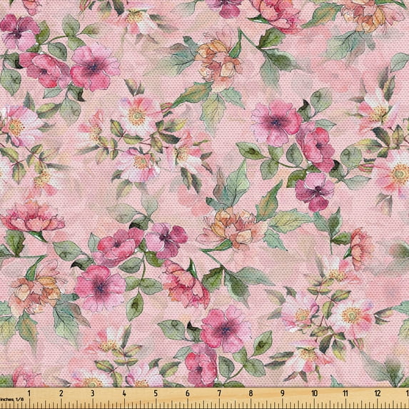 Ambesonne Flower Print Fabric by the Yard Upholstery, Blurry Spring Blossoms, 1 Yard, Rose Pink and Fern Green