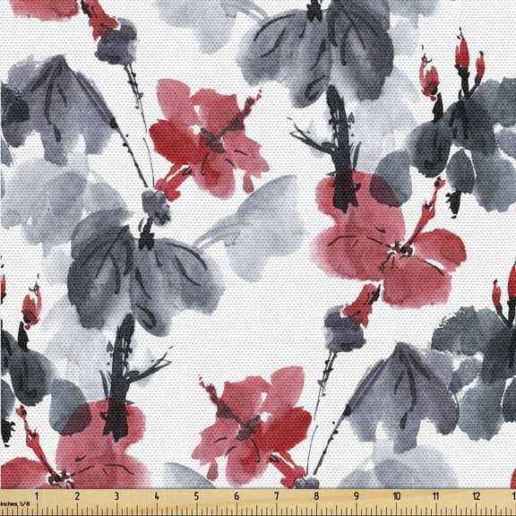 Ambesonne Flower Print Fabric by the Yard Upholstery, Spring Floral Pattern, 1 Yard, Pale Ruby Dimgray