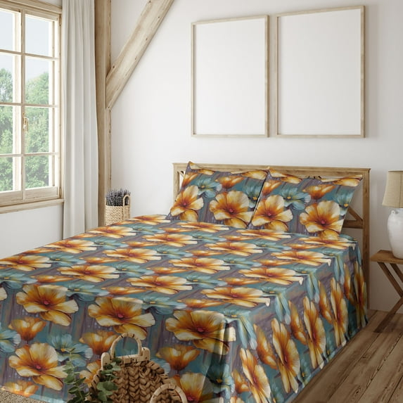 Ambesonne Flower Print Fitted & Flat Sheet with Shams 4 Pcs Set, Floral Motifs Modern, Calking, Burnt Orange Cadet Blue