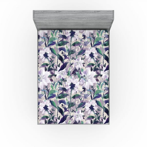 Ambesonne Flower Print Fitted Sheet, Floral Botany Pattern, King Size, Mauve Sea Green Quartz