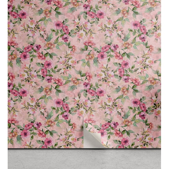 Ambesonne Flower Print Peel & Stick Wallpaper for Home, Blurry Spring Blossoms, 13"x72", Rose Pink and Fern Green