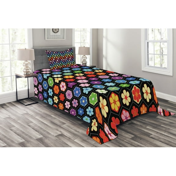 Ambesonne Flower Quilted Bedspread Set 2 Pcs, Colorful Daisy Blooms, Twin Size, Multicolor