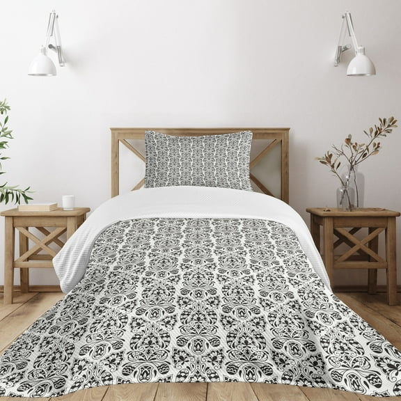 Ambesonne Flower Quilted Bedspread Set 2 Pcs, Floral Paisley Oriental, Twin Size, Black White