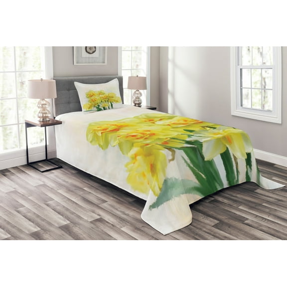 Ambesonne Flower Quilted Bedspread Set 2 Pcs, Paint of Daffodils Bouquet, Twin Size, Yellow Green