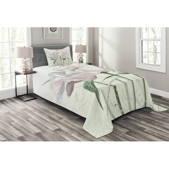 Ambesonne Flower Quilted Bedspread Set 2 Pcs, Pink Rose Tulip Abstract, Twin Size, White