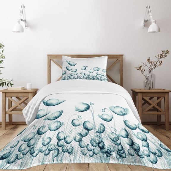 Ambesonne Flower Quilted Bedspread Set 2 Pcs, Poppy Flora Windy Day, Twin Size, White Teal