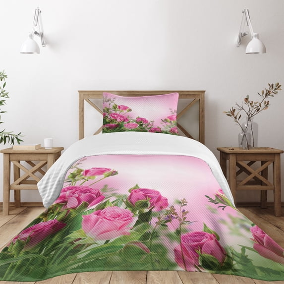 Ambesonne Flower Quilted Bedspread Set 2 Pcs, Spring Season Roses Buds, Twin Size, Pink and Green