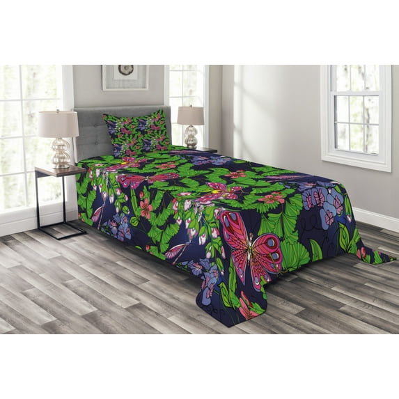 Ambesonne Flower Quilted Bedspread Set 2 Pcs, Tropical Vivid Petal, Twin Size, Navy Blue Fern Green