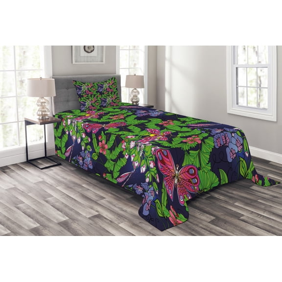 Ambesonne Flower Quilted Bedspread Set 2 Pcs, Tropical Vivid Petal, Twin Size, Navy Blue Fern Green