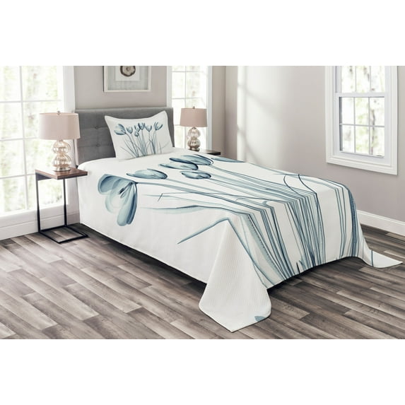 Ambesonne Flower Quilted Bedspread Set 2 Pcs, Tulips with Solar Effect, Twin Size, Dark Petrol Blue White