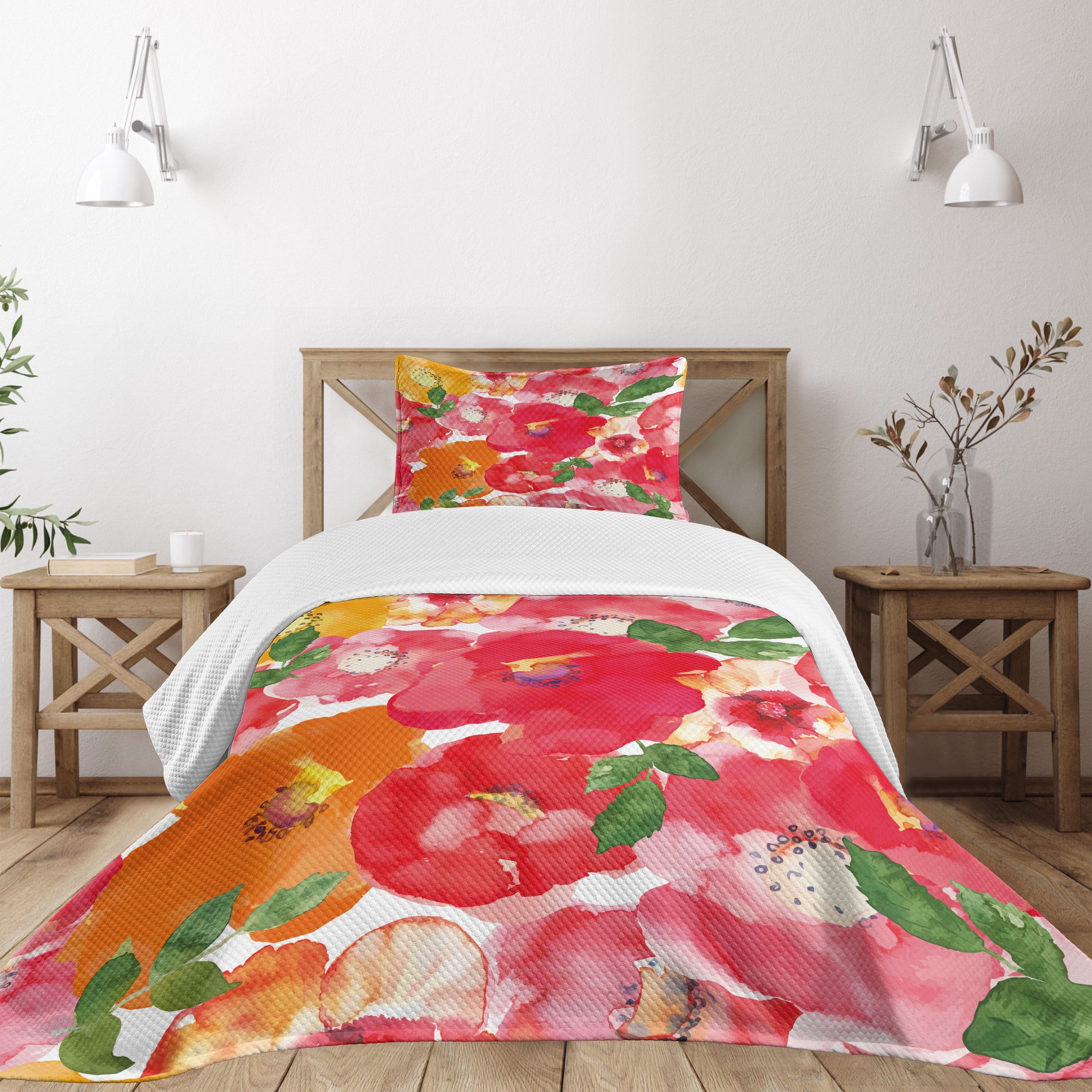 Twin Red and Orange Floral Quilted Bedspread Set