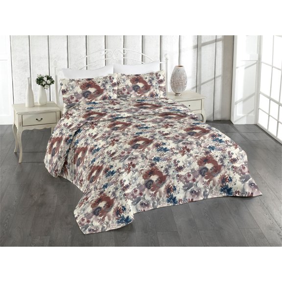Ambesonne Flower Quilted Bedspread Set 3 Pcs, Art Aquarelle Floral Leaves, Twin, Ivory Pale Redwood and Blue