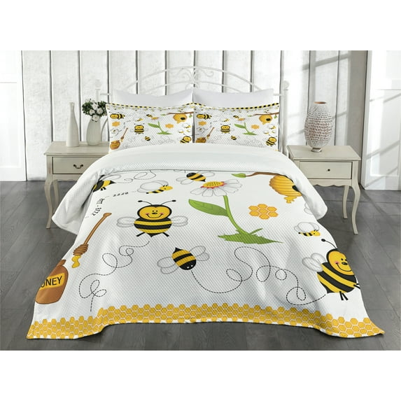 Ambesonne Flower Quilted Bedspread Set 3 Pcs, Bees Daisies Chamomile, Queen Size, Yellow White and Black