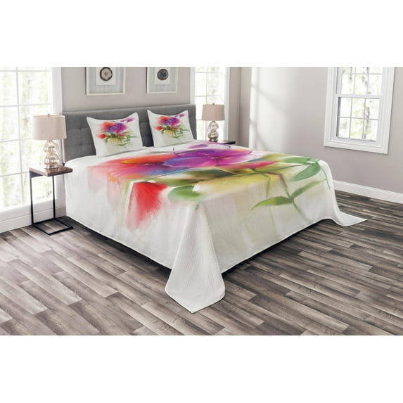 Ambesonne Flower Quilted Bedspread Set 3 Pcs, Blooming Orchid Pastel, King Size, Multicolor