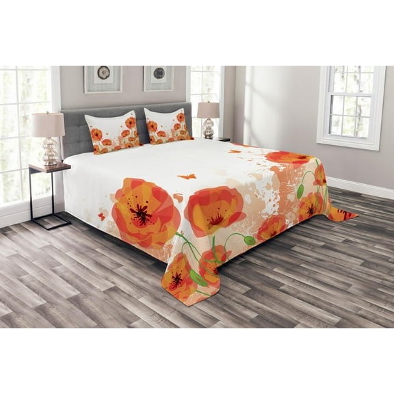 Ambesonne Flower Quilted Bedspread Set 3 Pcs, Bridal Watercolor Art, Queen Size, Red White