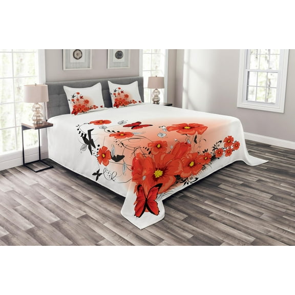 Ambesonne Flower Quilted Bedspread Set 3 Pcs, Cartoon Poppy Fresh Art, King Size, Red White Black