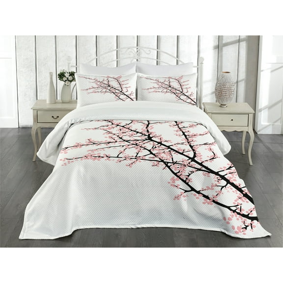 Ambesonne Flower Quilted Bedspread Set 3 Pcs, Cherry Branch Floral, Queen Size, Pink Black