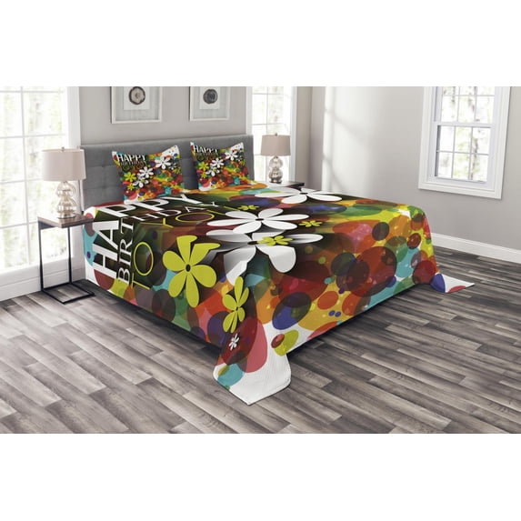 Ambesonne Flower Quilted Bedspread Set 3 Pcs, Daisies Dots Best Wish, Queen Size, Multicolor