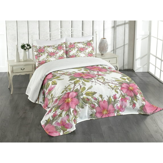 Ambesonne Flower Quilted Bedspread Set 3 Pcs, Dog Rose Garden Floral, Queen Size, Lime Green Pale Pink