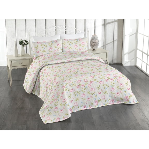 Ambesonne Flower Quilted Bedspread Set 3 Pcs, English Garden Vibes Roses, Twin, Eggshell Fawn and Soft Blue