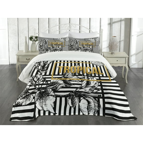 Ambesonne Flower Quilted Bedspread Set 3 Pcs, Exotic Petals Butterfly, King Size, Black White Pale Coffee