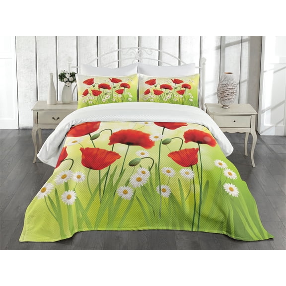 Ambesonne Flower Quilted Bedspread Set 3 Pcs, Floral Chamomile Poppy, King Size, Red Green