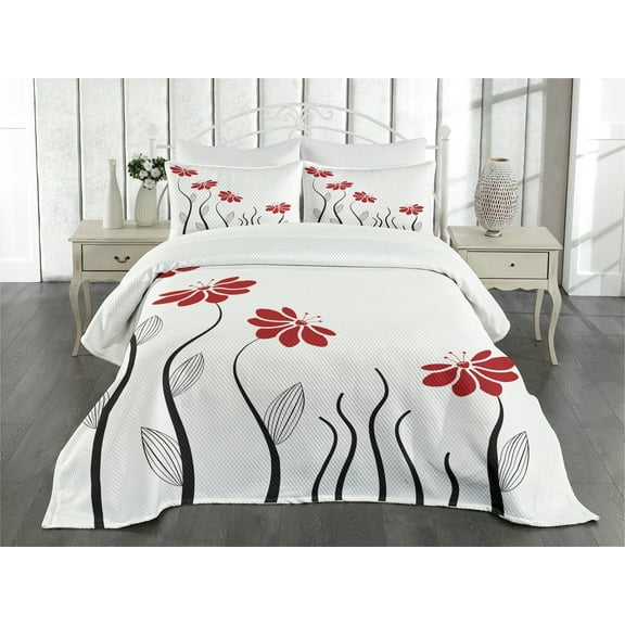 Ambesonne Flower Quilted Bedspread Set 3 Pcs, Modern Floral Petals, King Size, Red and Black