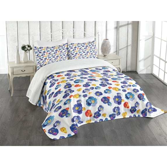 Ambesonne Flower Quilted Bedspread Set 3 Pcs, Nature Botanic Violet, King Size, Dark Blue Orange