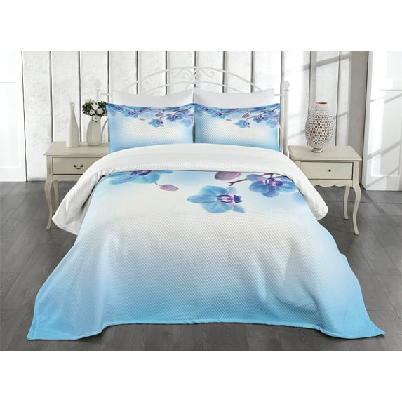 Ambesonne Flower Quilted Bedspread Set 3 Pcs, Orchids Nature, Queen Size, Blue and Purple
