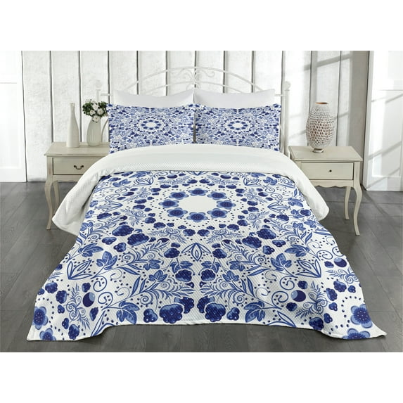 Ambesonne Flower Quilted Bedspread Set 3 Pcs, Oriental Boho, Queen Size, Blue