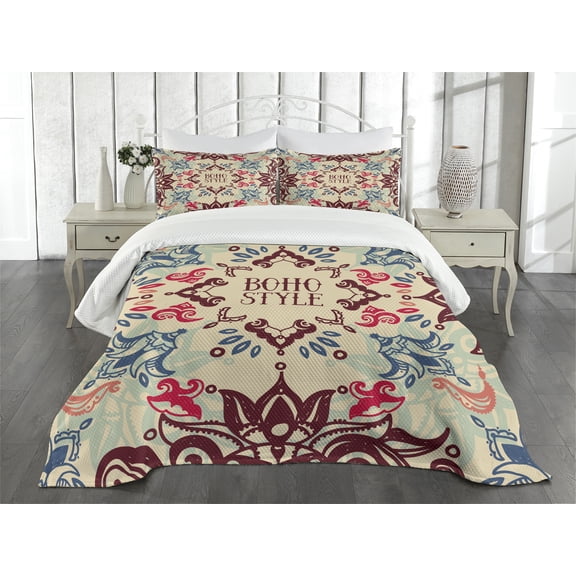 Ambesonne Flower Quilted Bedspread Set 3 Pcs, Ornate Floral Ethnic, Queen Size, Maroon Beige Violet Blue