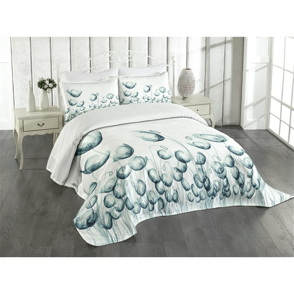 Ambesonne Flower Quilted Bedspread Set 3 Pcs, Poppy Flora Windy Day, King Size, White Teal